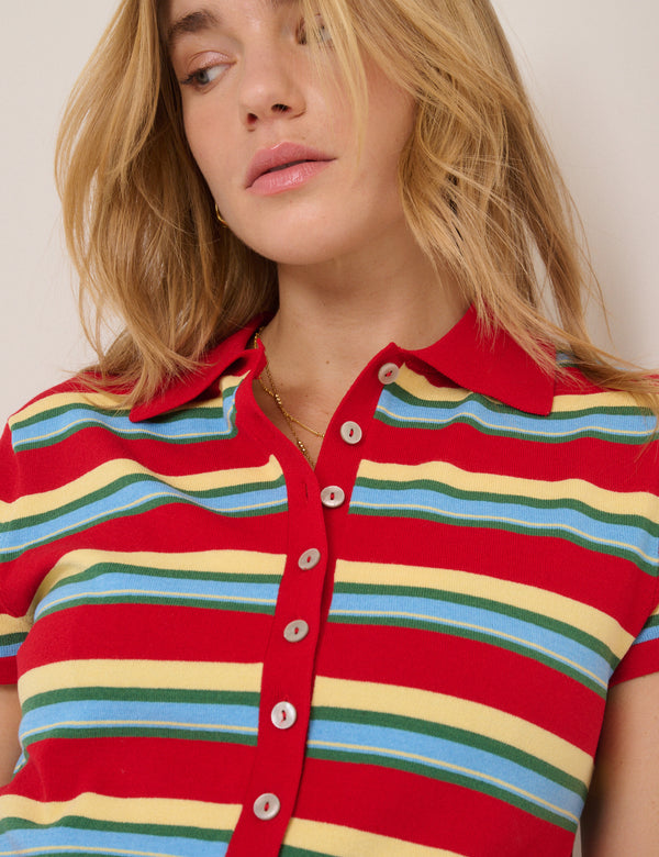 Red Striped Polo Knitted Top