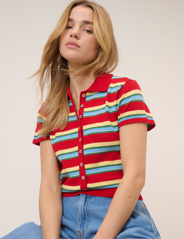 Red Striped Polo Knitted Top