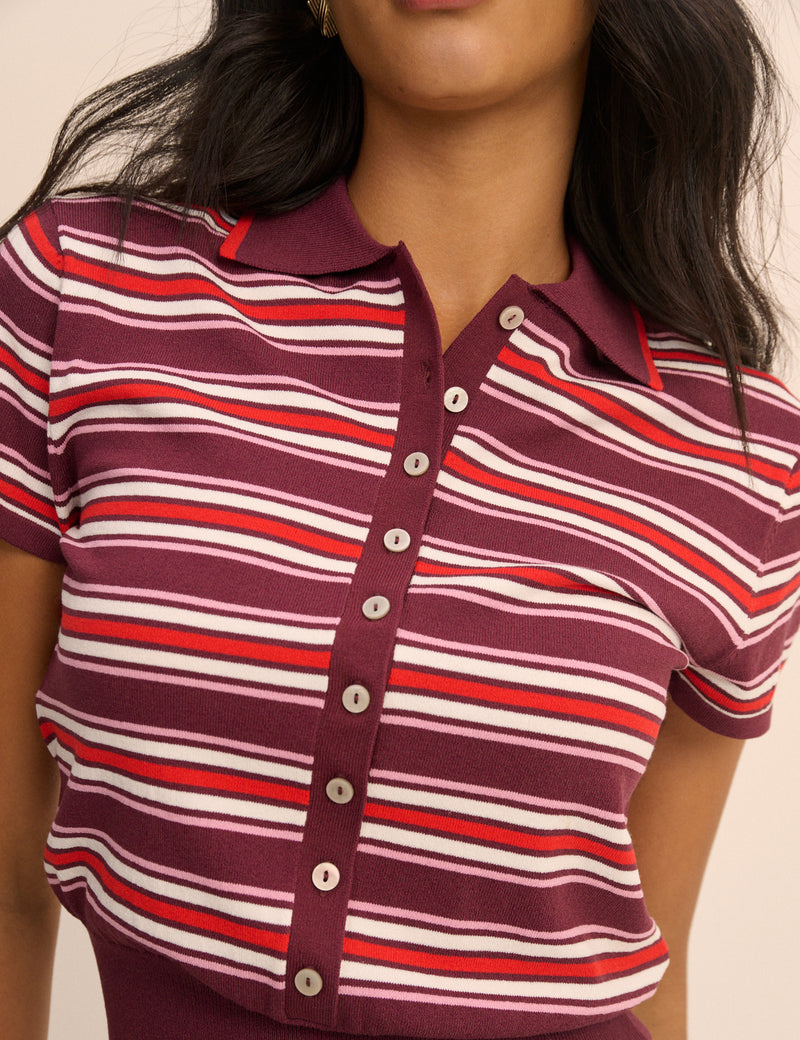 Red and Burgundy Striped Knitted Polo Top