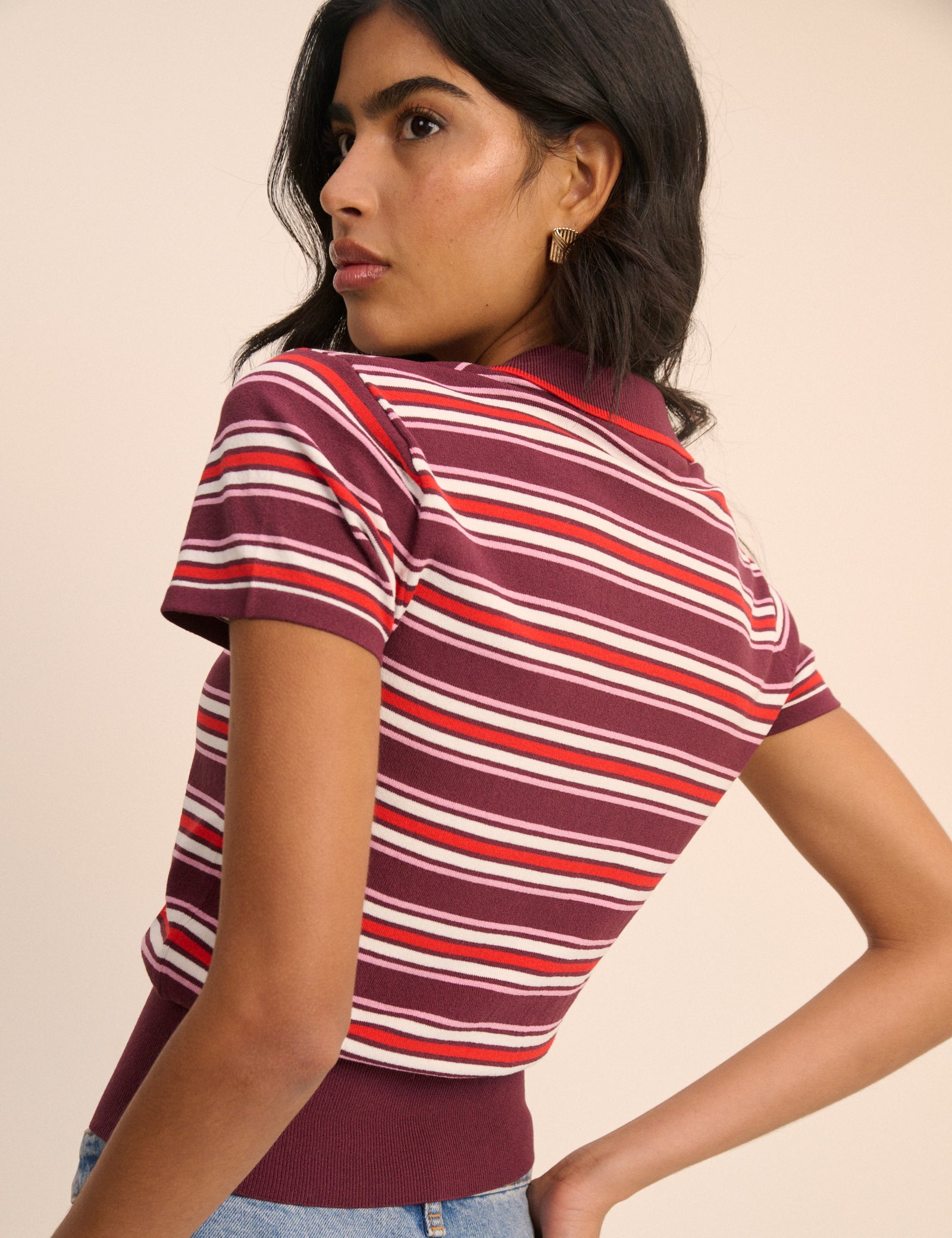 Red and Burgundy Striped Knitted Polo Top