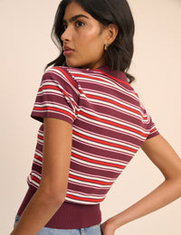 Red and Burgundy Striped Knitted Polo Top