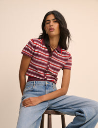 Red and Burgundy Striped Knitted Polo Top
