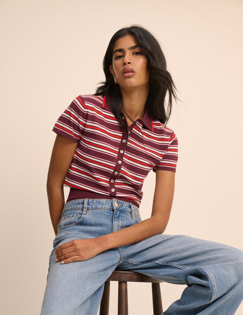 Red and Burgundy Striped Knitted Polo Top
