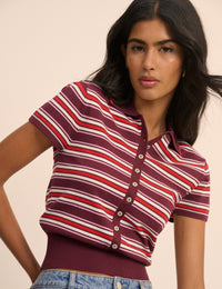 Red and Burgundy Striped Knitted Polo Top