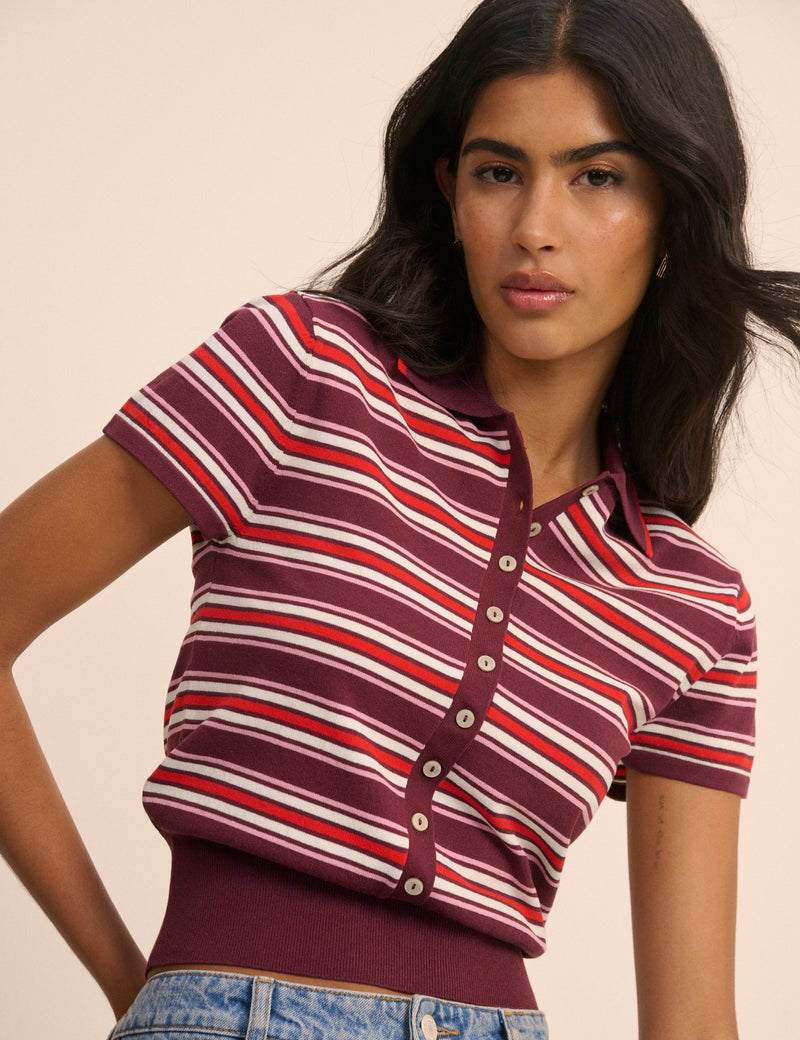 Red and Burgundy Striped Knitted Polo Top