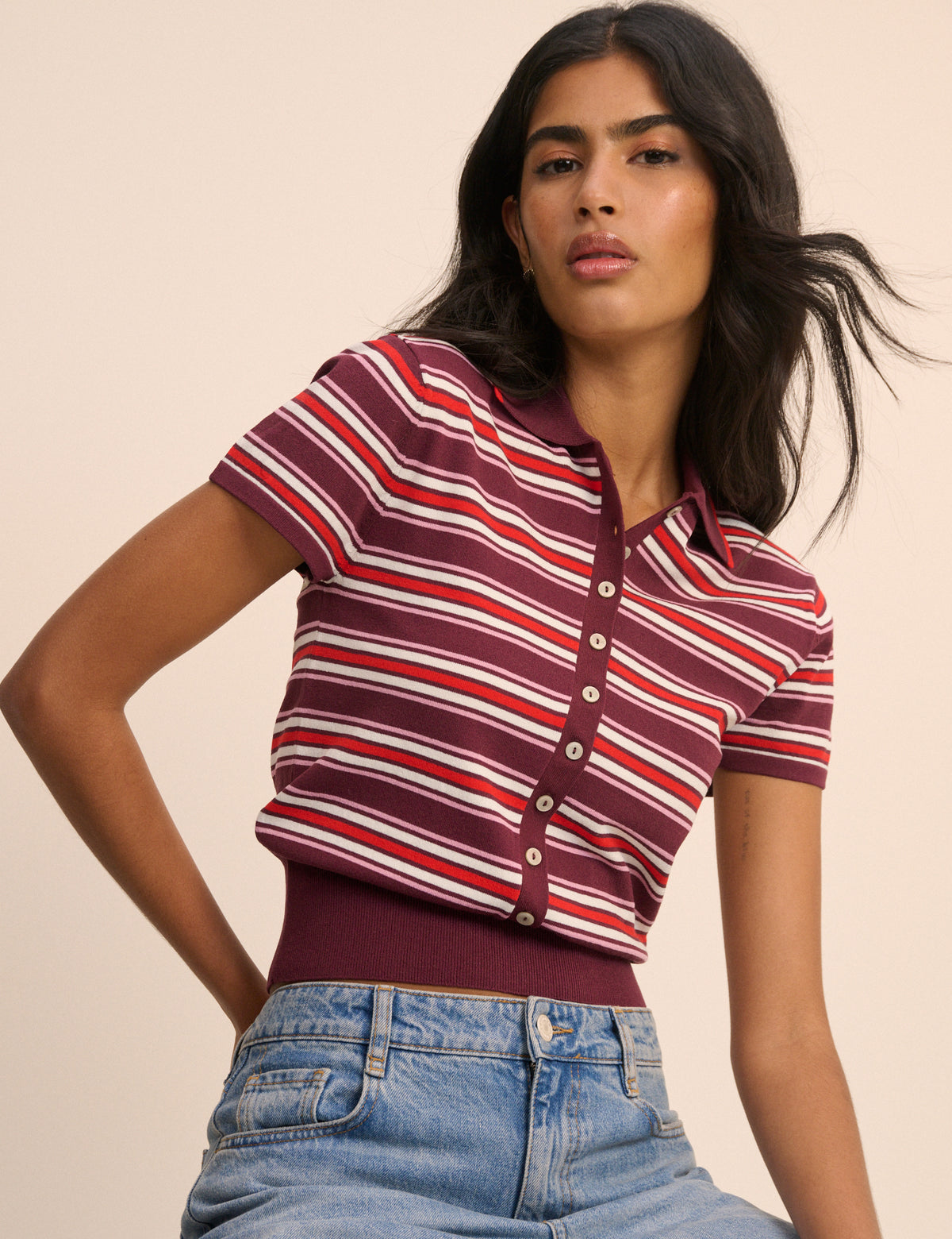 Red and Burgundy Striped Knitted Polo Top