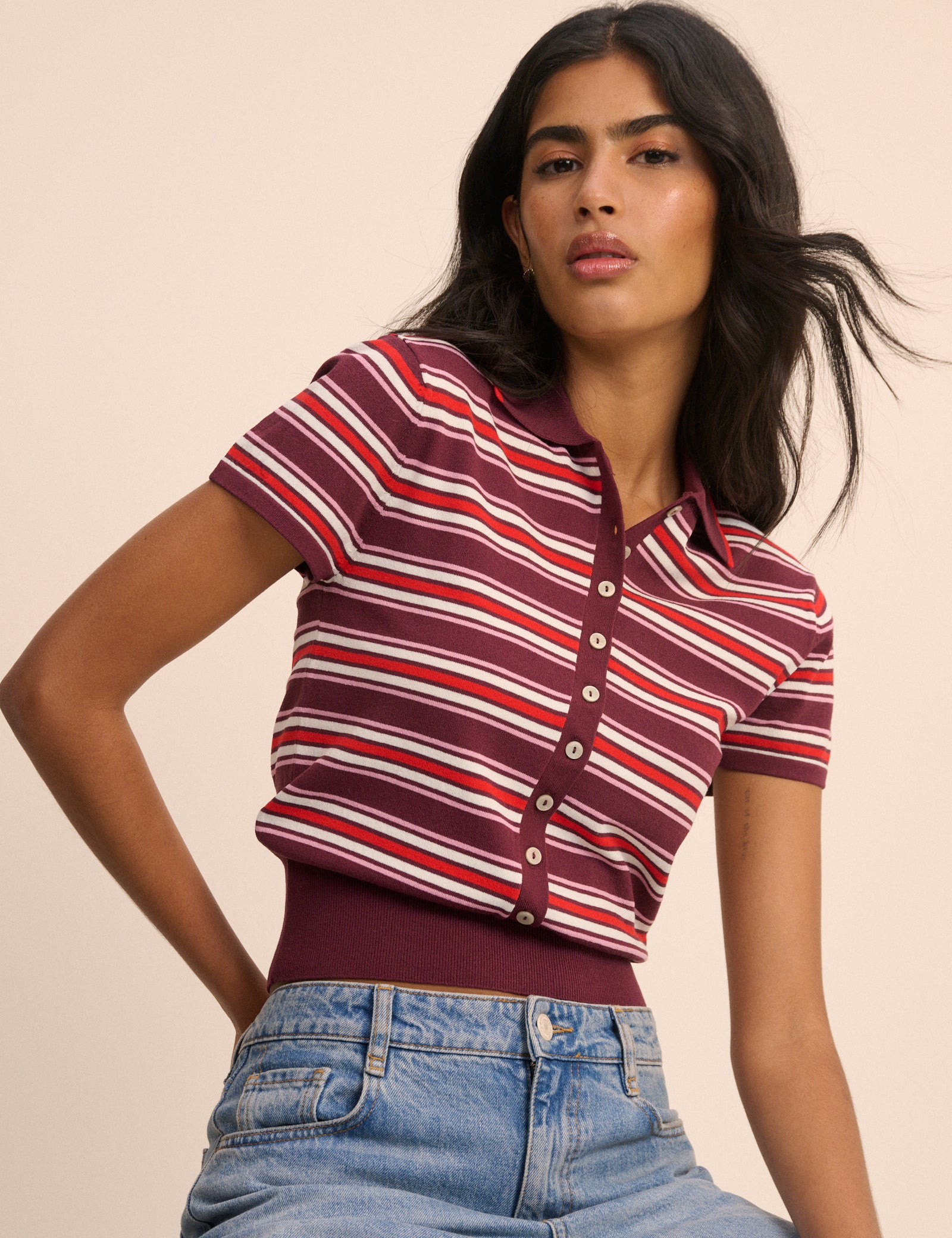 Red and Burgundy Striped Knitted Polo Top