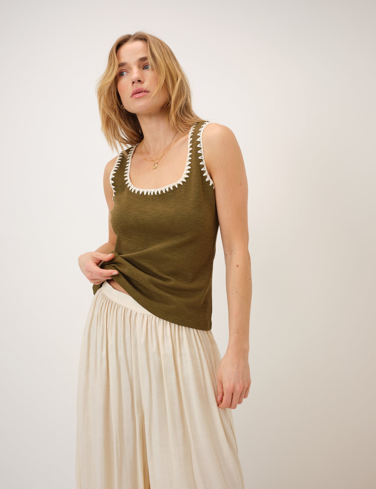 Khaki Crochet Trim Vest