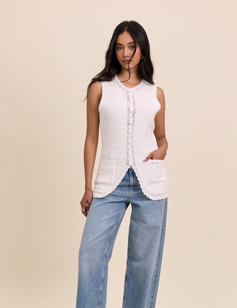 White Crochet Trim Sleeveless Top