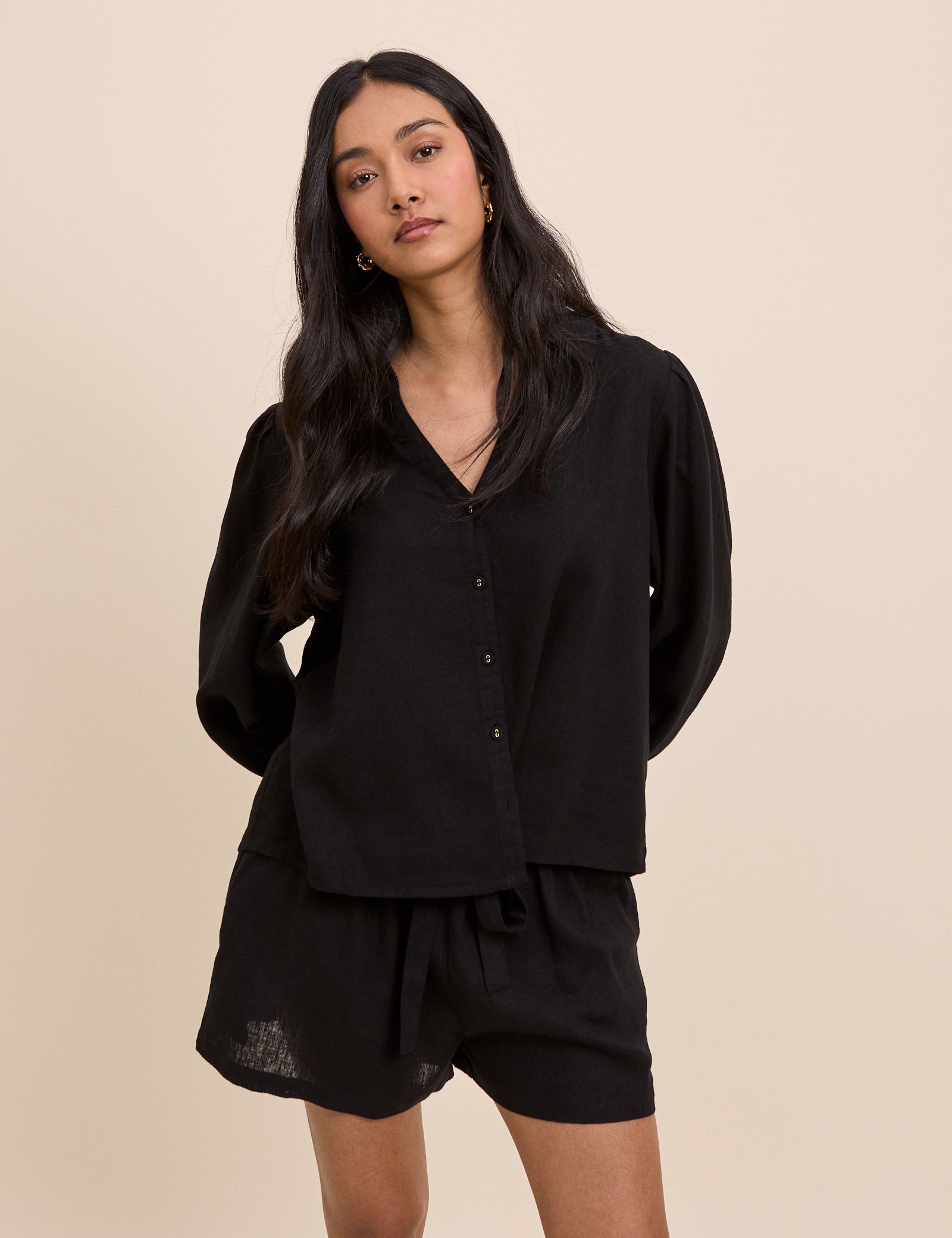Black Linen-Blend Blouse