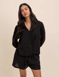 Black Linen-Blend Blouse