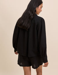 Black Linen-Blend Blouse