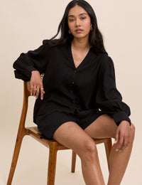 Black Linen-Blend Blouse