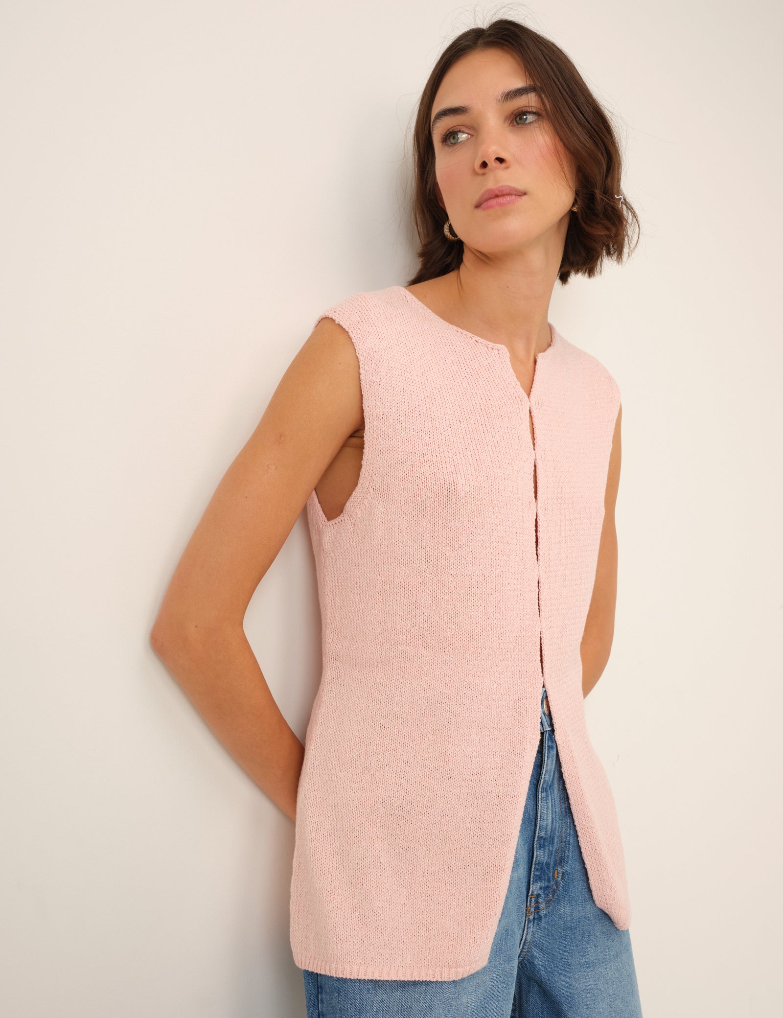 Pink Long Line Knitted Waistcoat