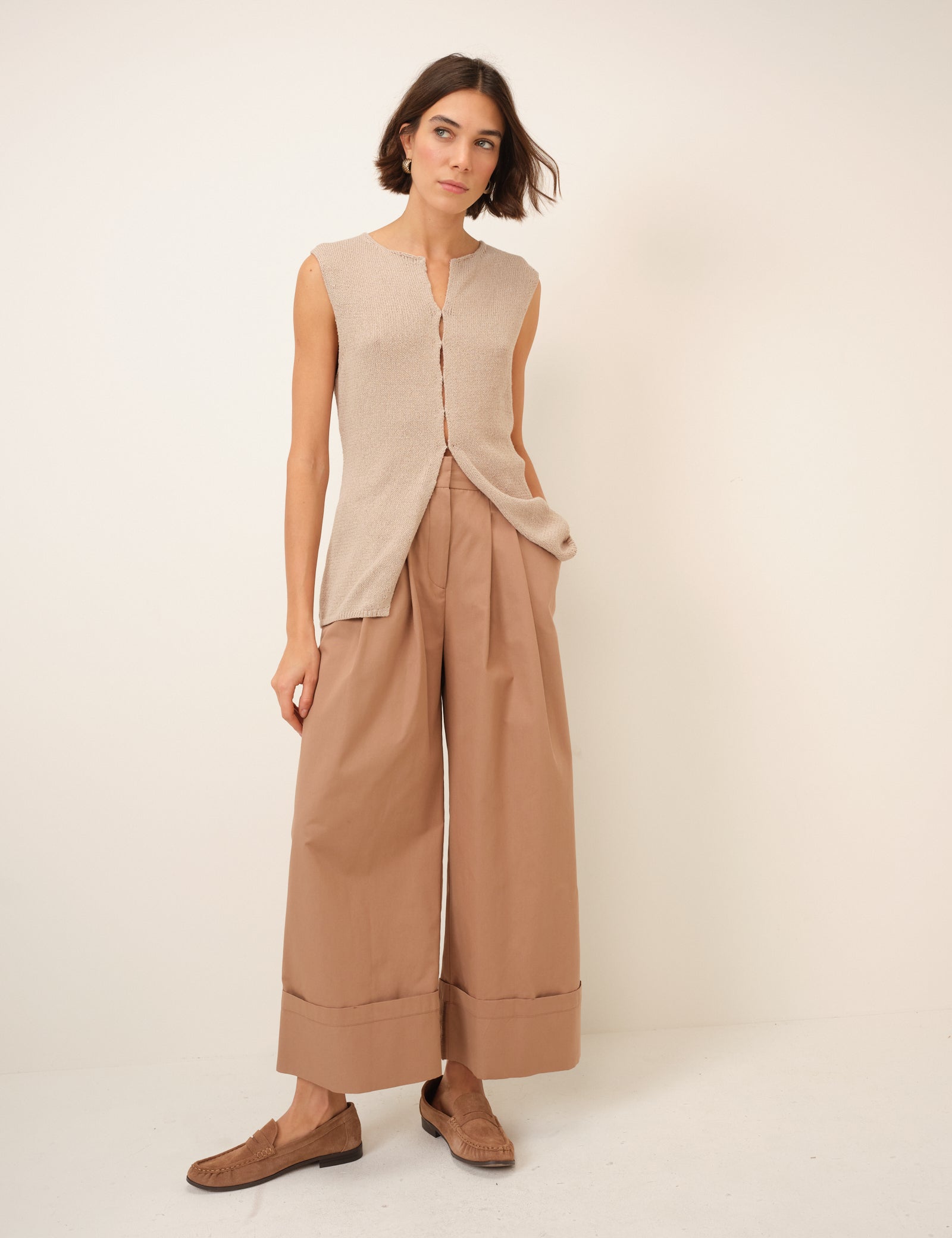 Beige Long Line Knitted Waistcoat