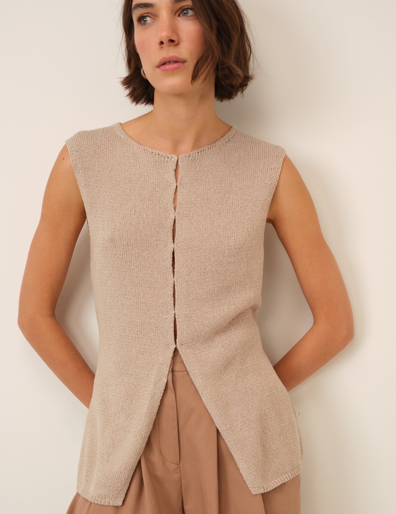 Beige Long Line Knitted Waistcoat