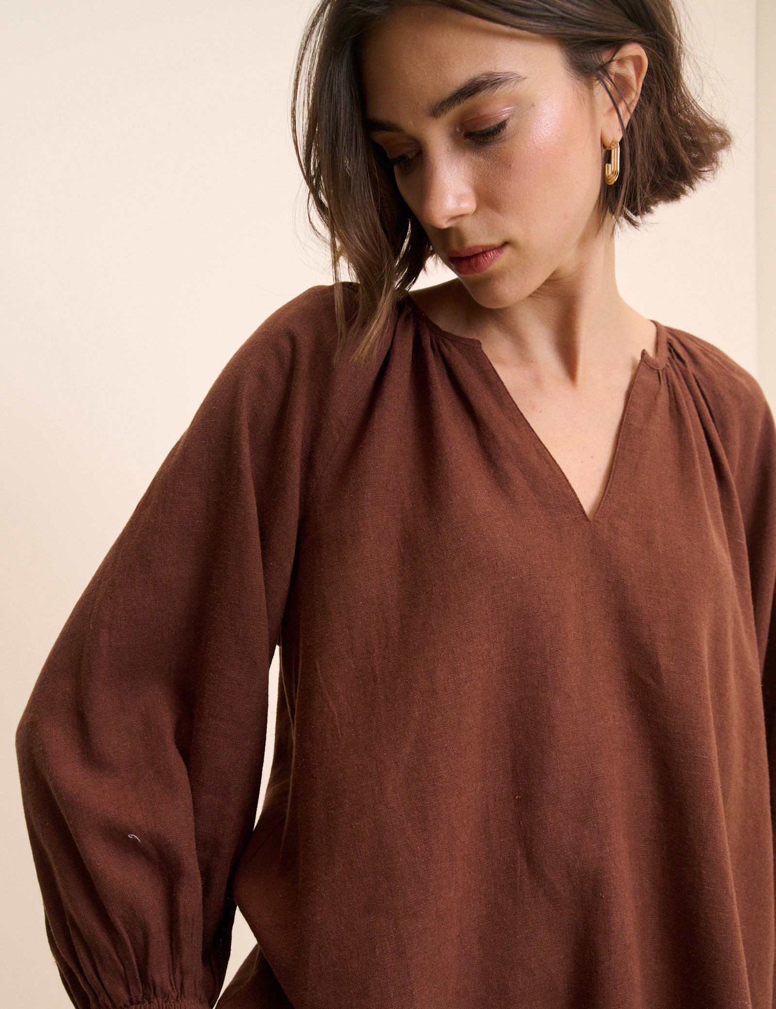 Brown Linen-Blend Blouse