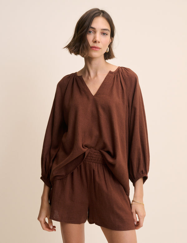 Brown Linen-Blend Blouse