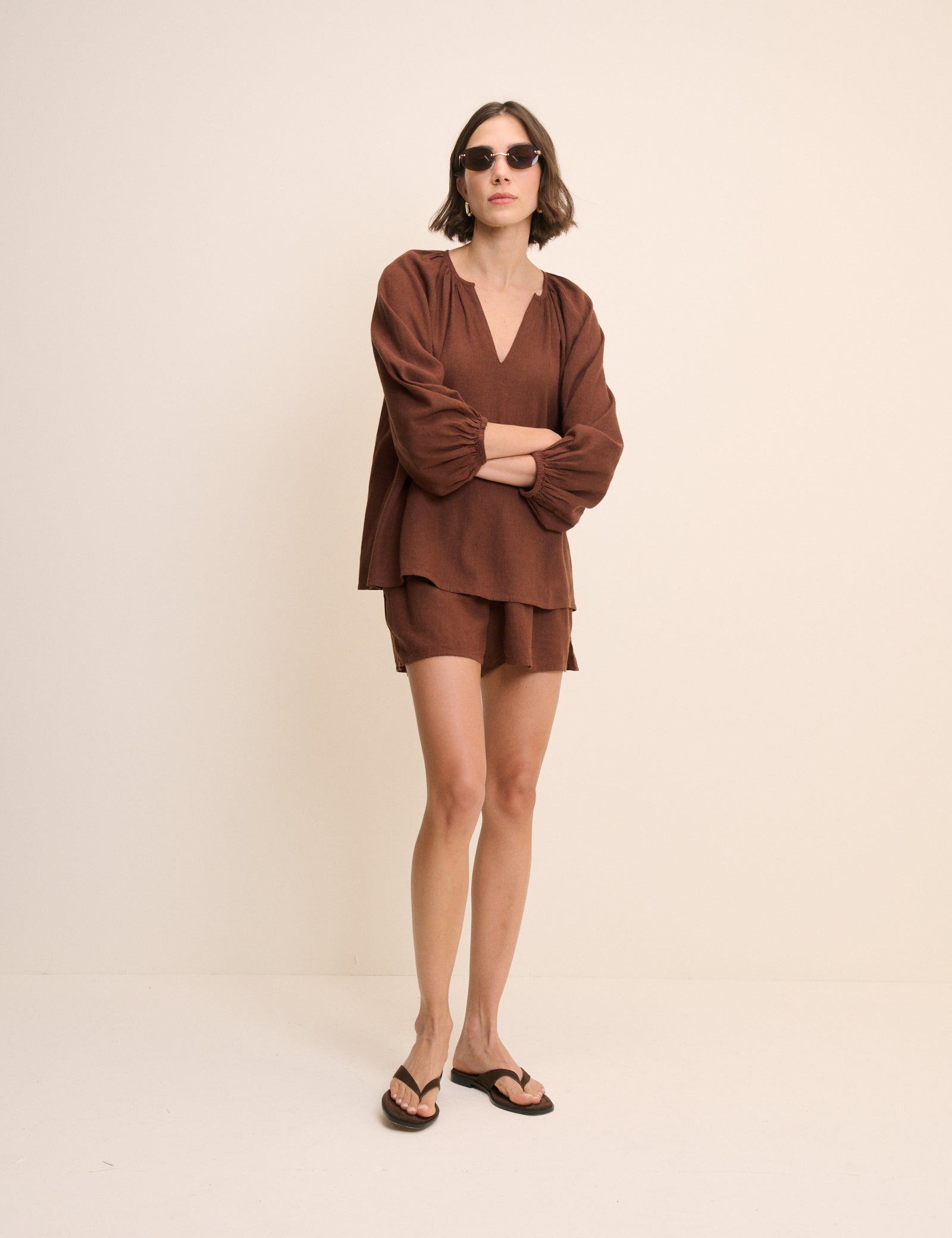 Brown Linen-Blend Blouse