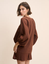 Brown Linen-Blend Blouse