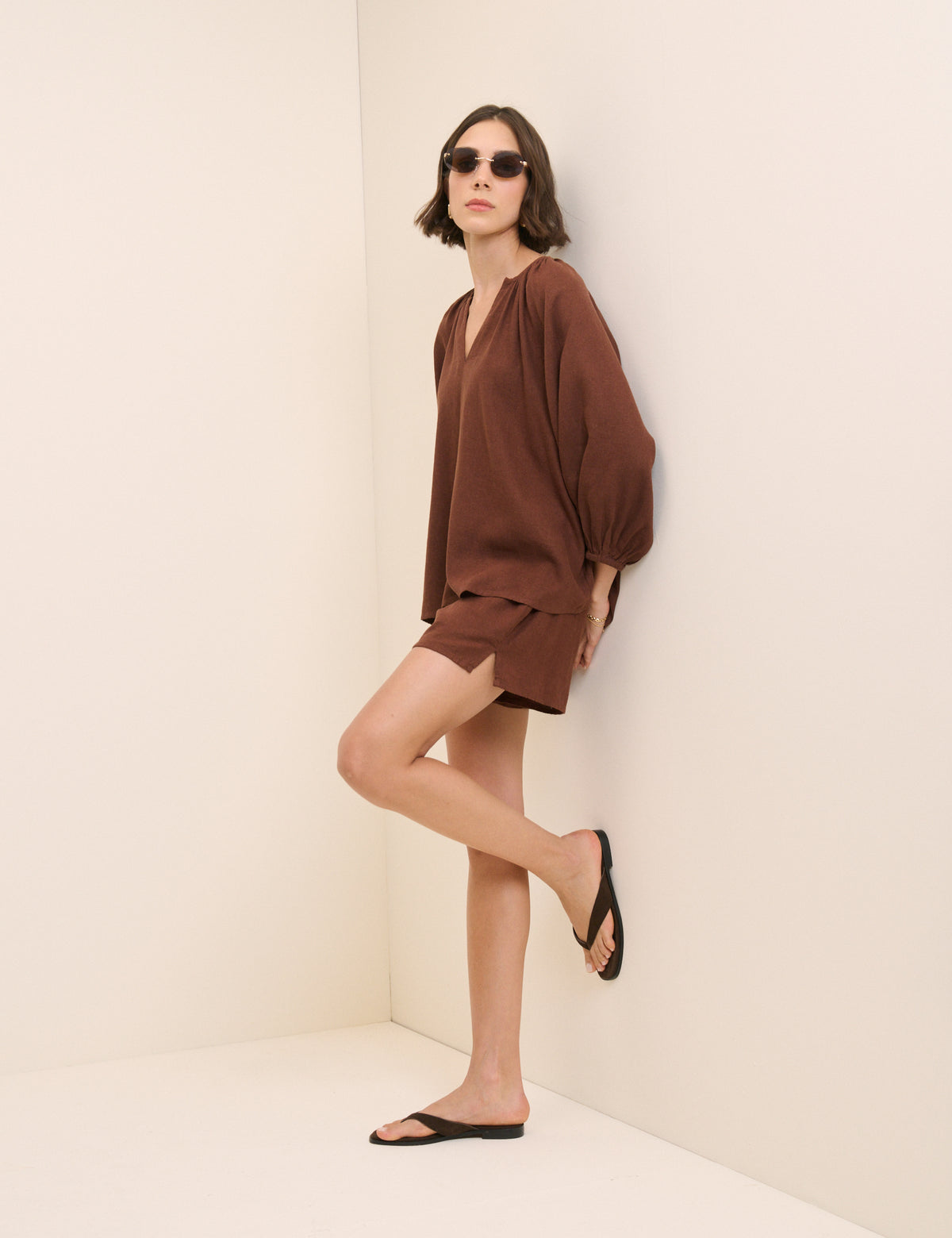 Brown Linen-Blend Blouse