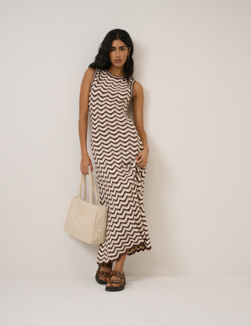 Brown and Cream Crochet Knitted Midi Dress