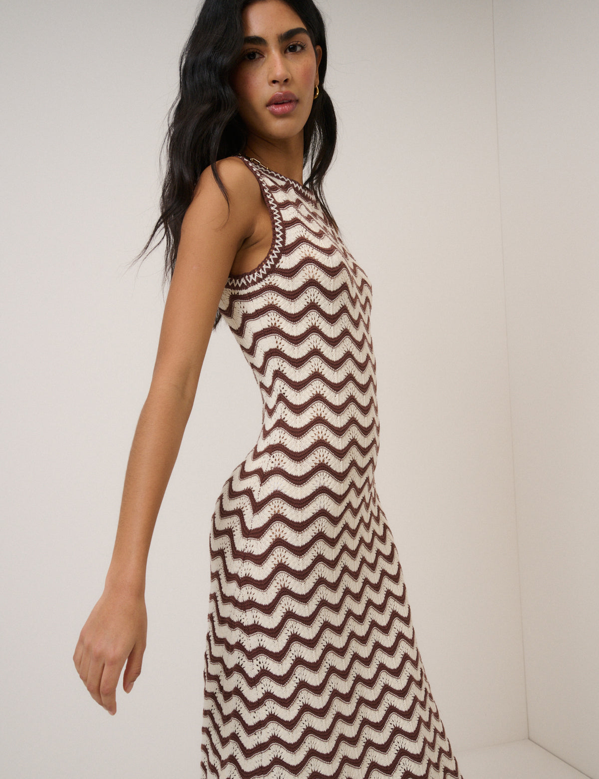Cream And Brown Pointelle Knitted Midi Dress