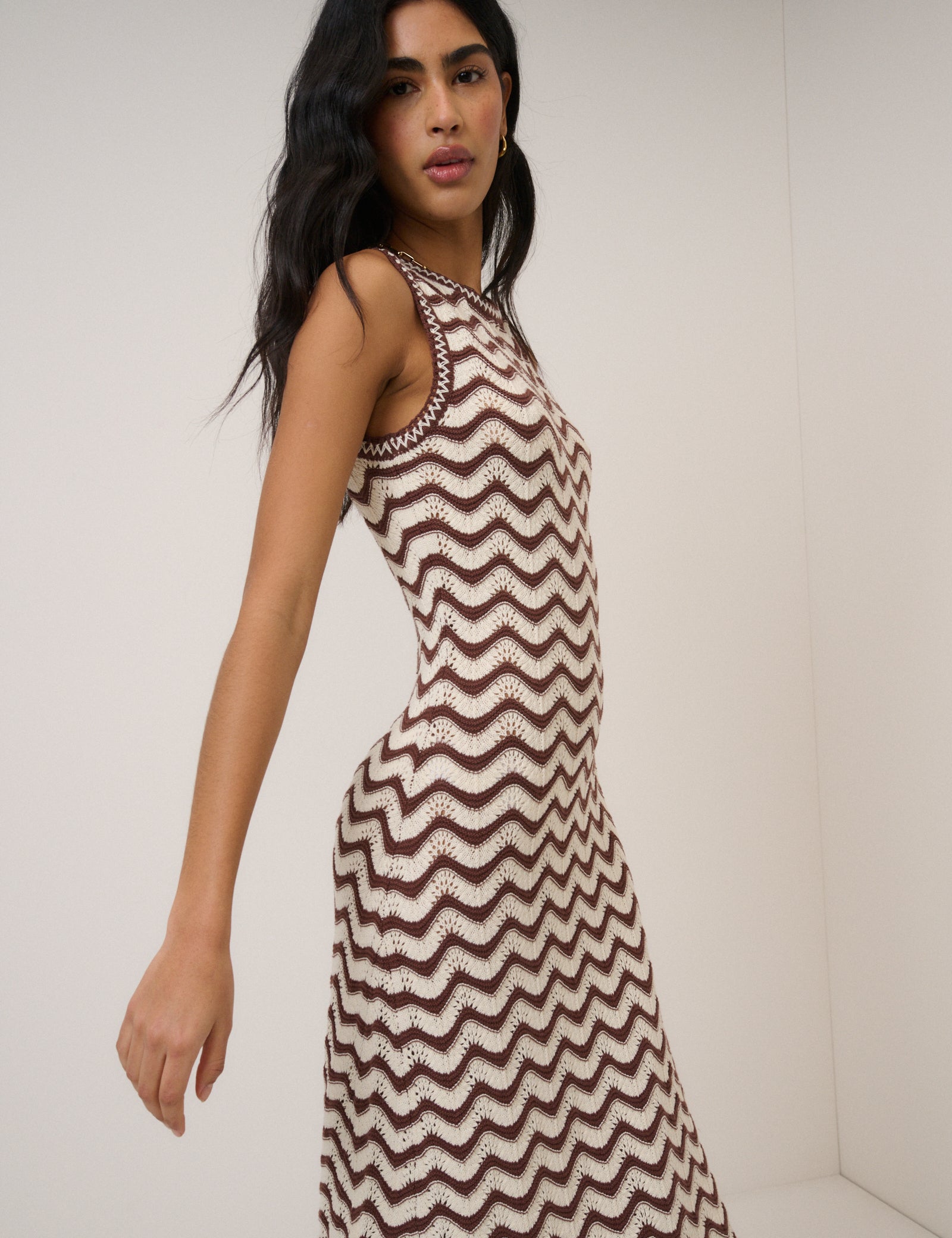 Brown and Cream Crochet Knitted Midi Dress