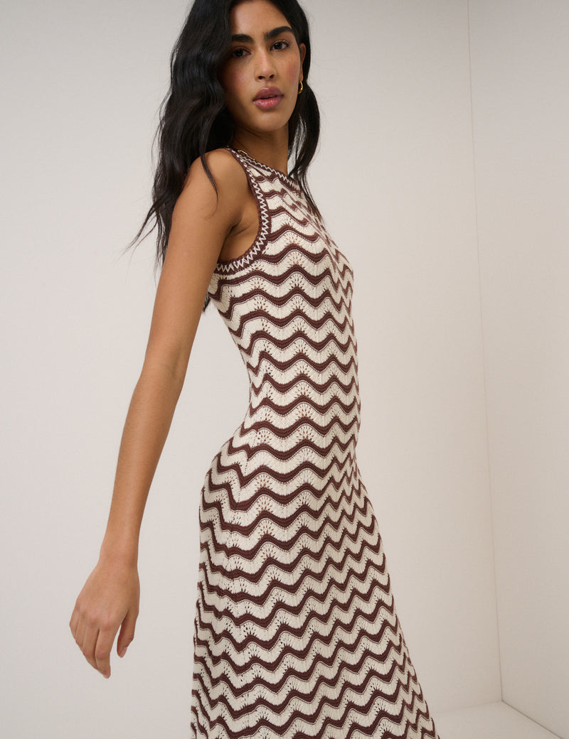 Brown and Cream Crochet Knitted Midi Dress