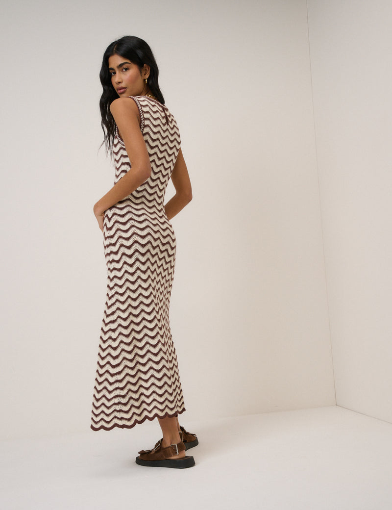 Brown and Cream Crochet Knitted Midi Dress