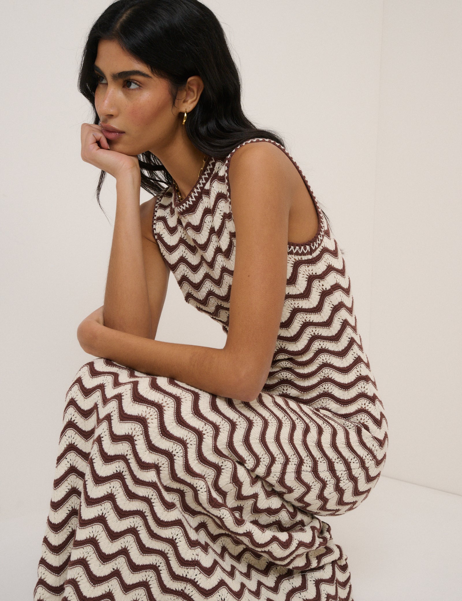 Brown and Cream Crochet Knitted Midi Dress