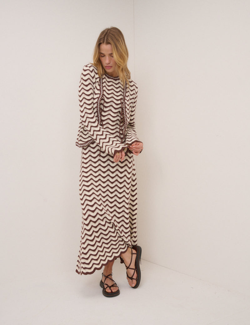 Brown and Cream Crochet Knitted Midi Dress