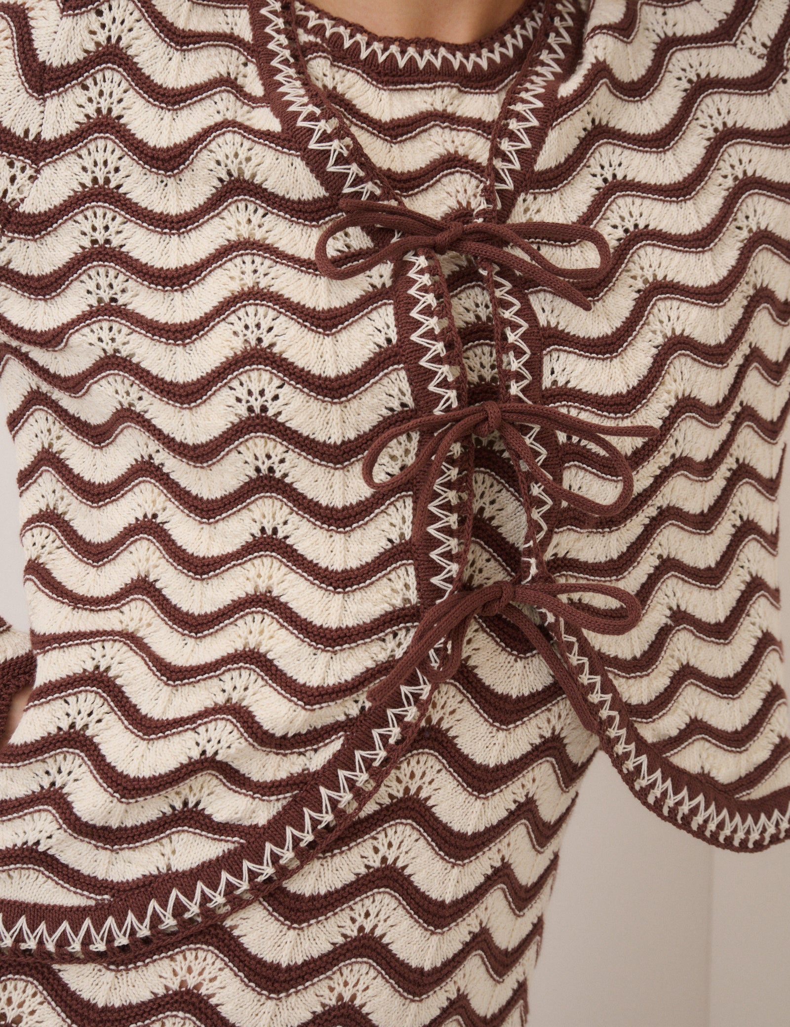 Cream and Brown Pointelle Knit Cardigan