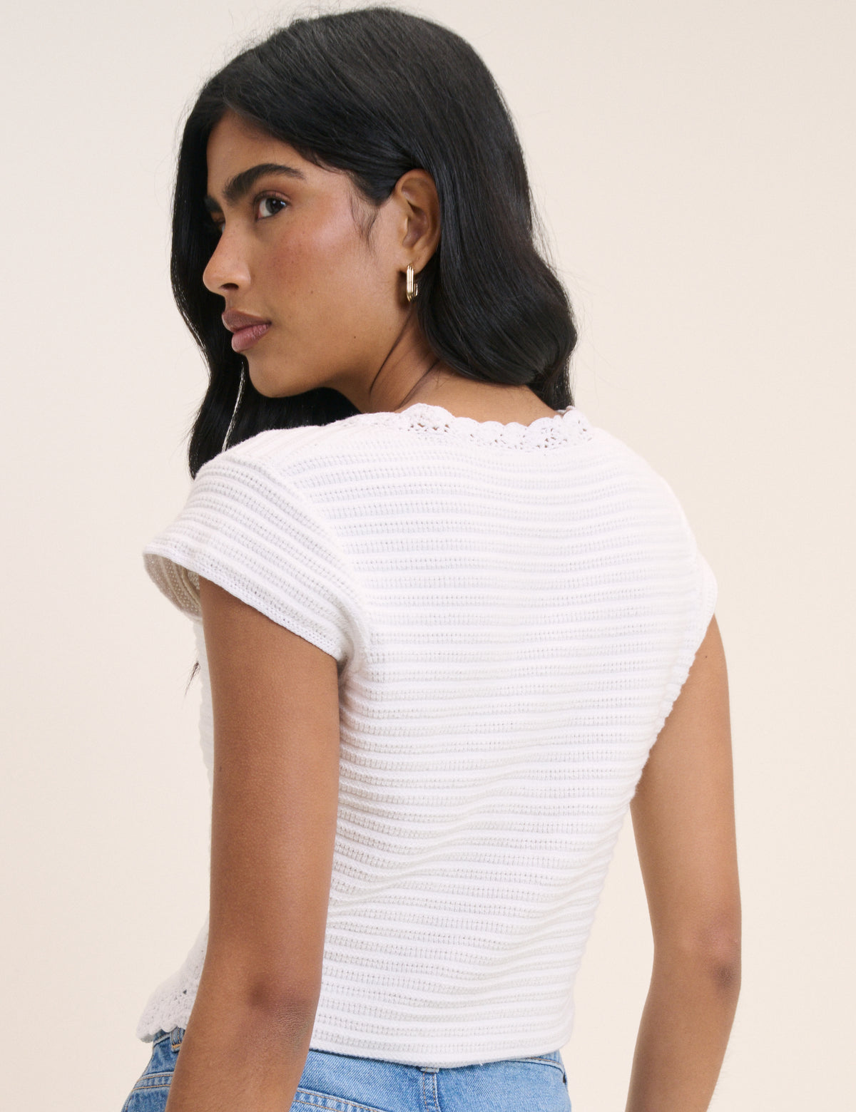 White Crochet Trim Top