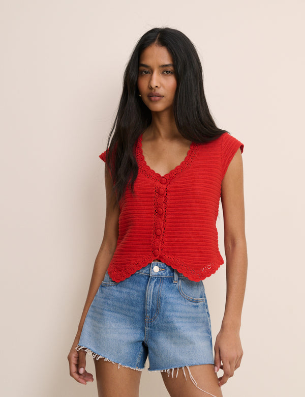 Red Crochet Trim Top