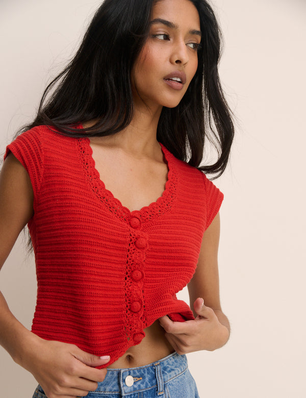 Red Crochet Trim Top