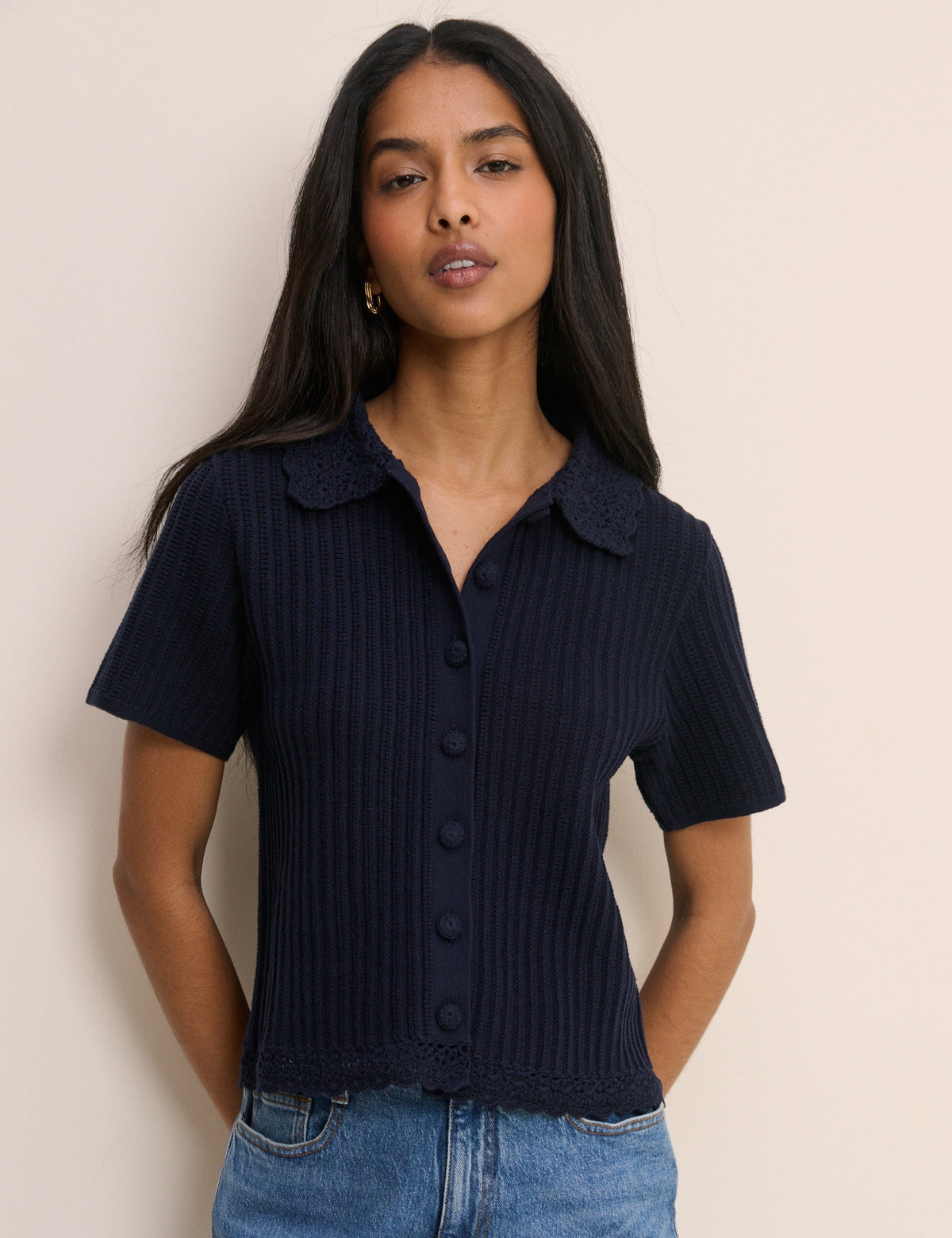 Navy Crochet Short Sleeve Cardigan