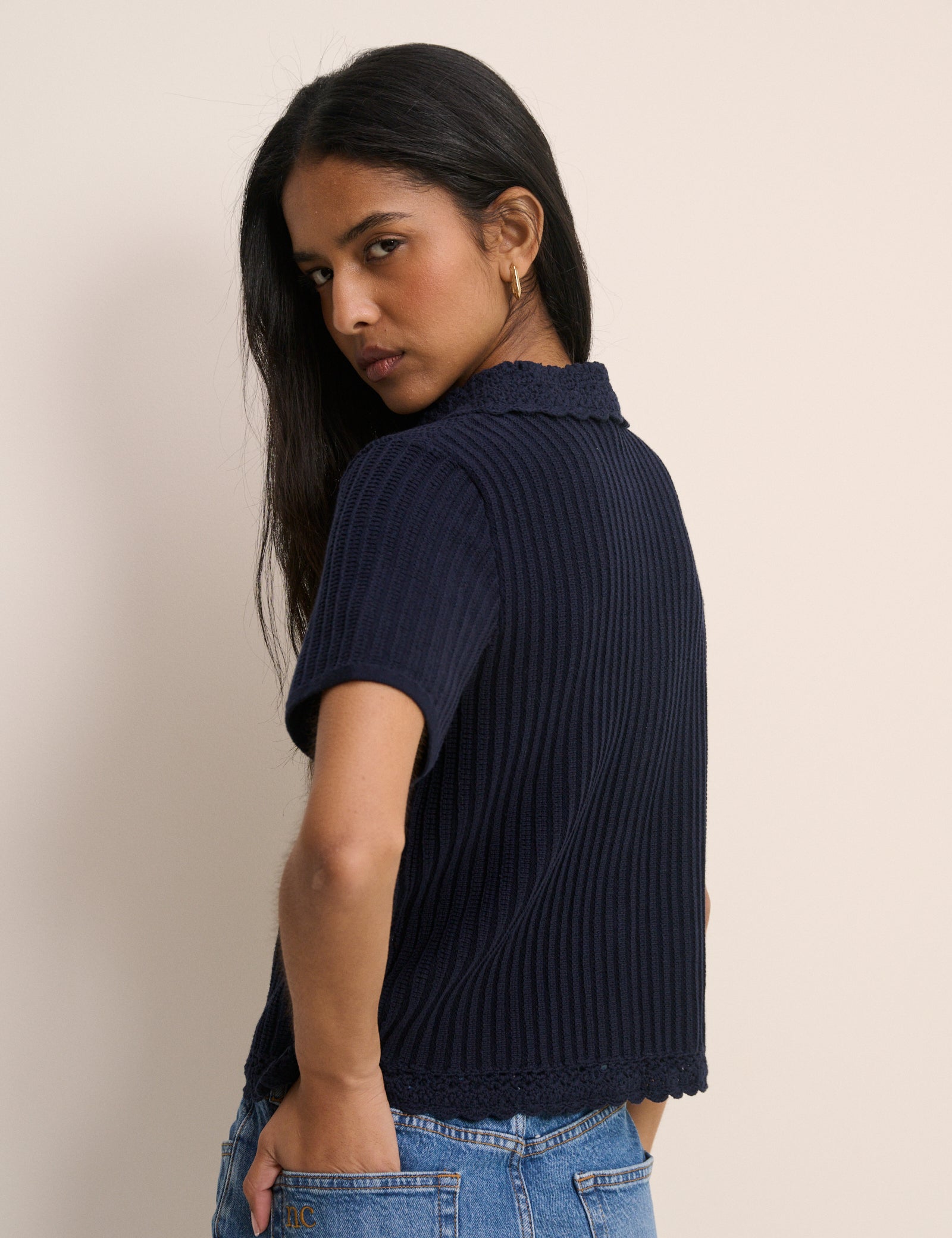 Navy Crochet Short Sleeve Cardigan