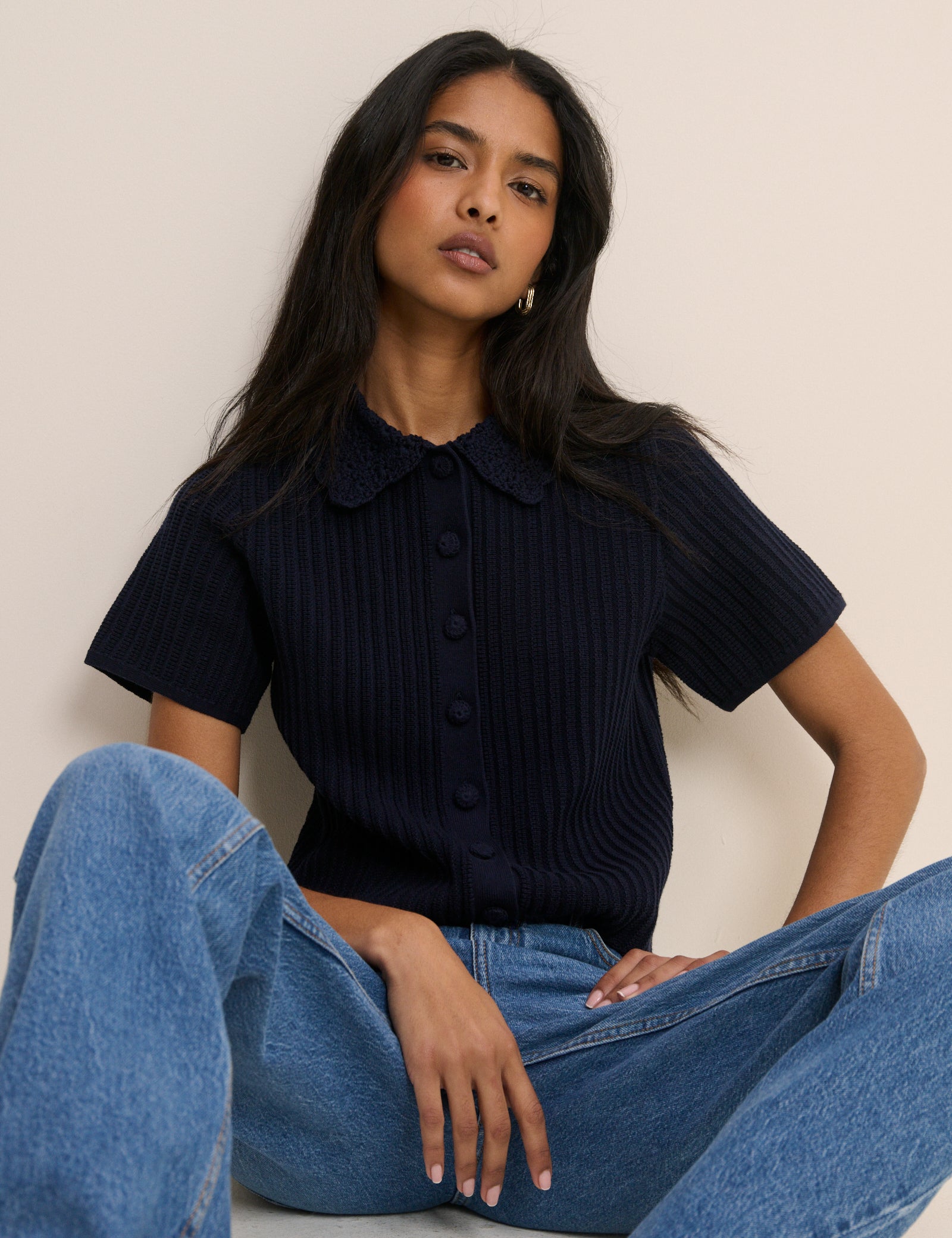 Navy Crochet Short Sleeve Cardigan