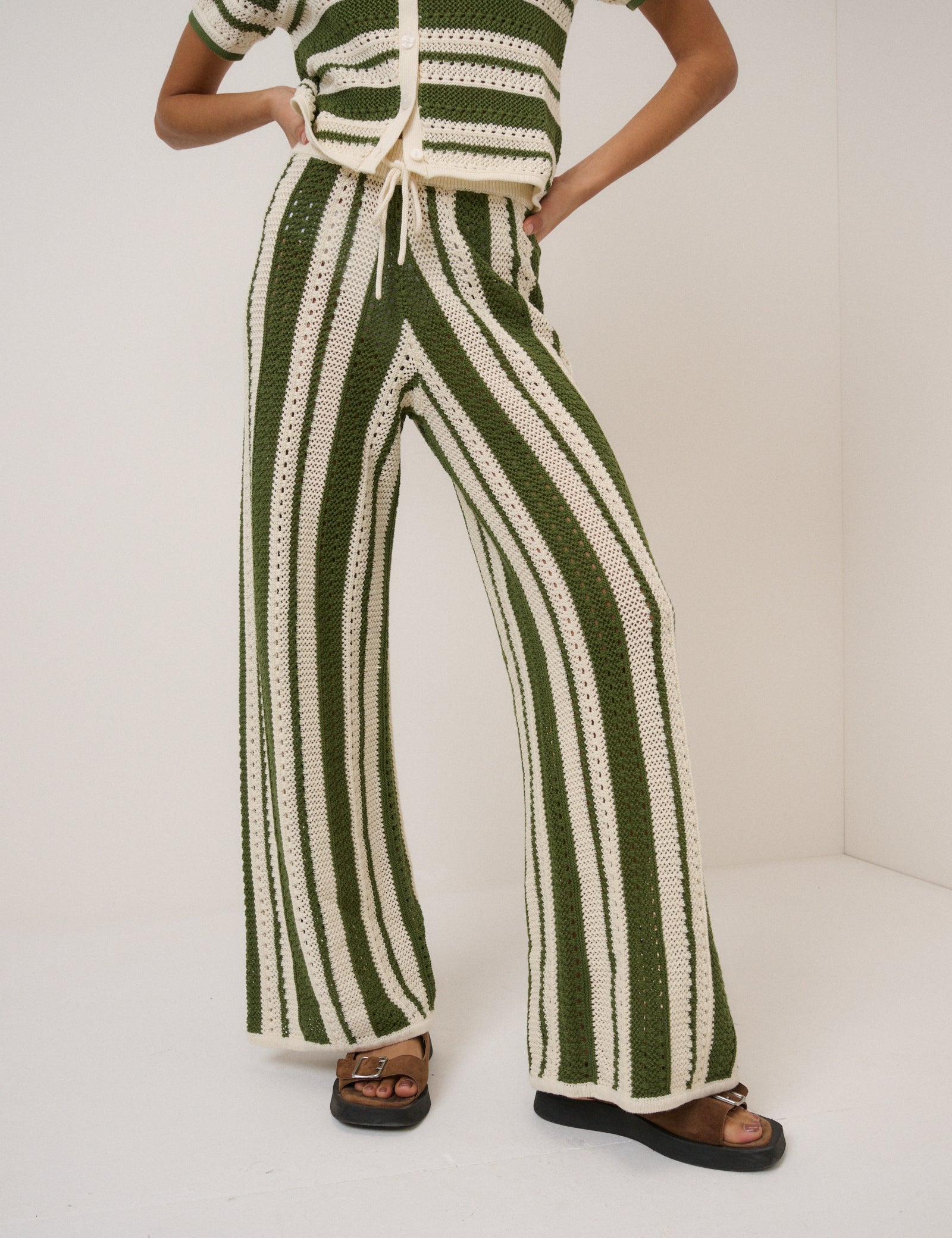 Green Crochet Striped Trousers