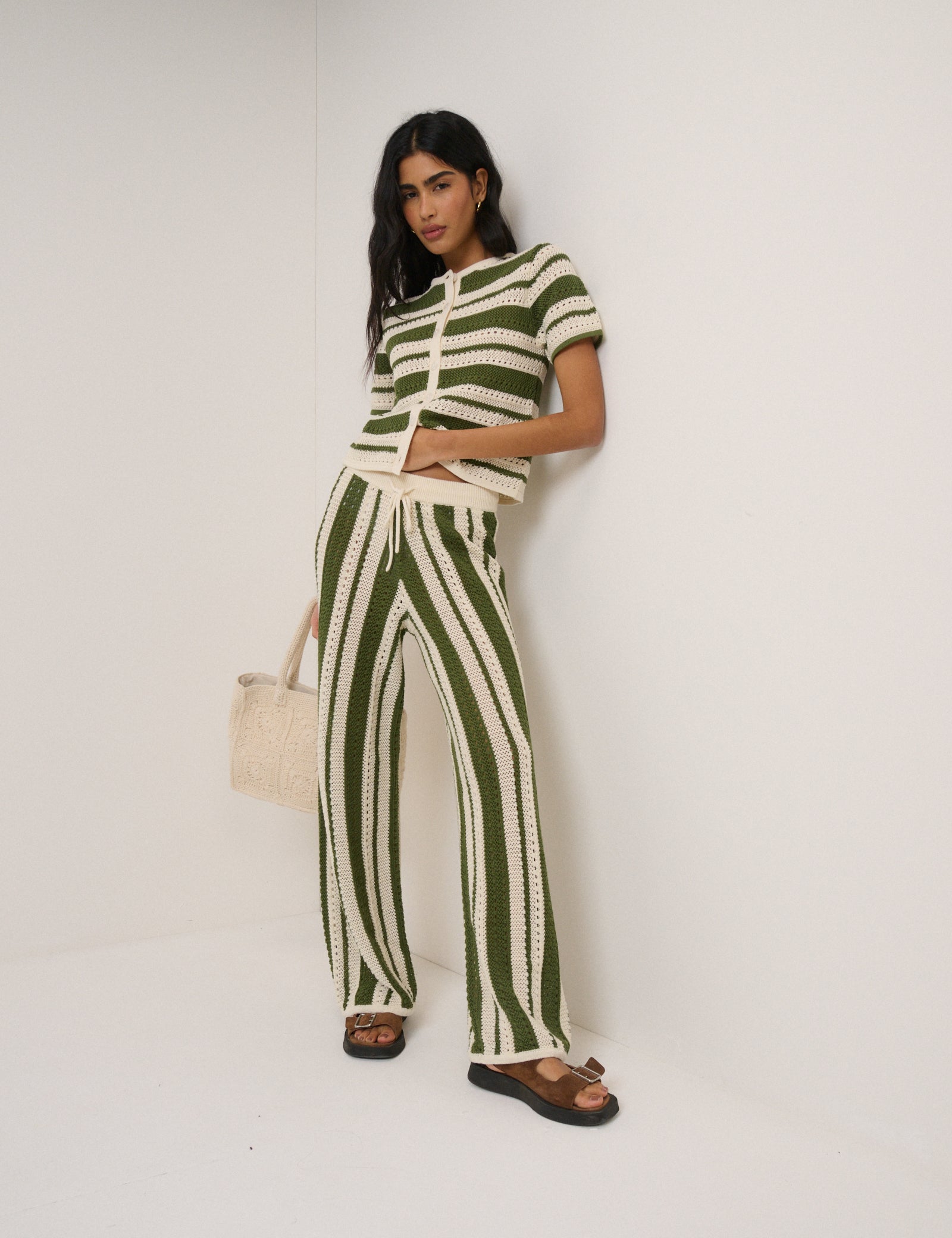 Green Crochet Striped Trousers