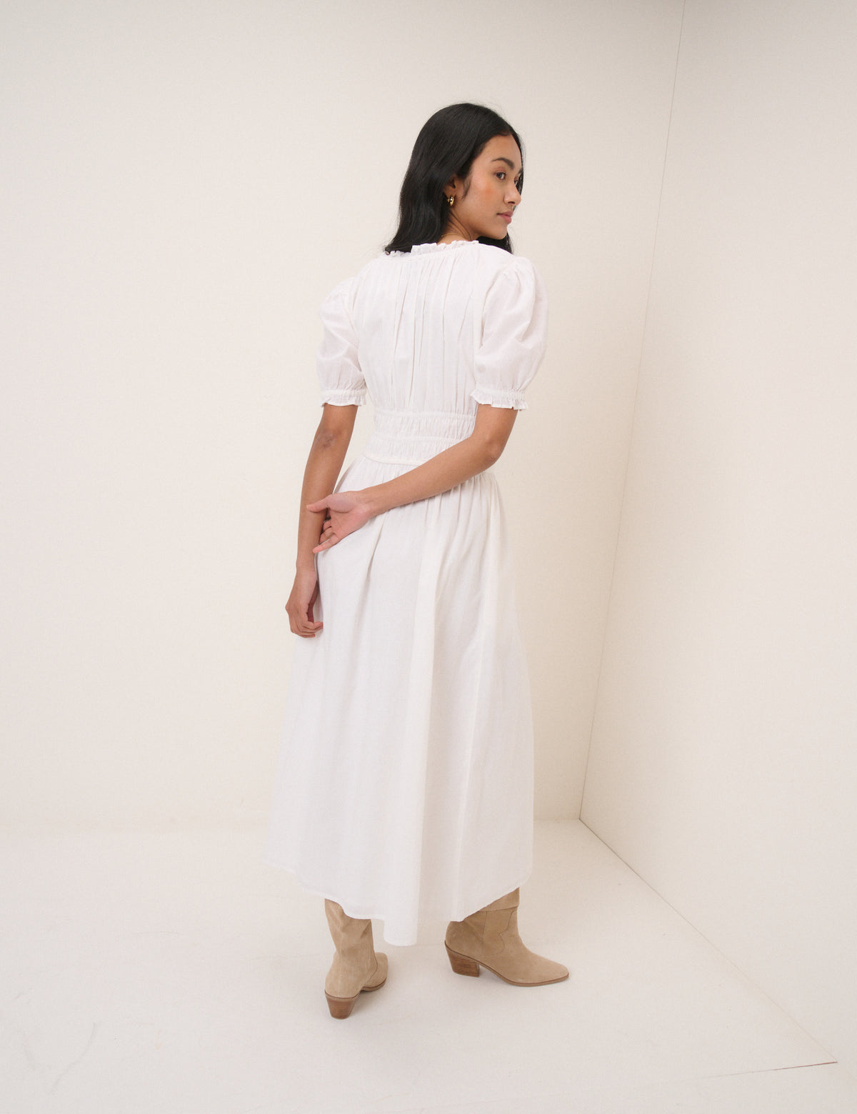 White Milkmaid Puff Sleeve Tula Midi Dress