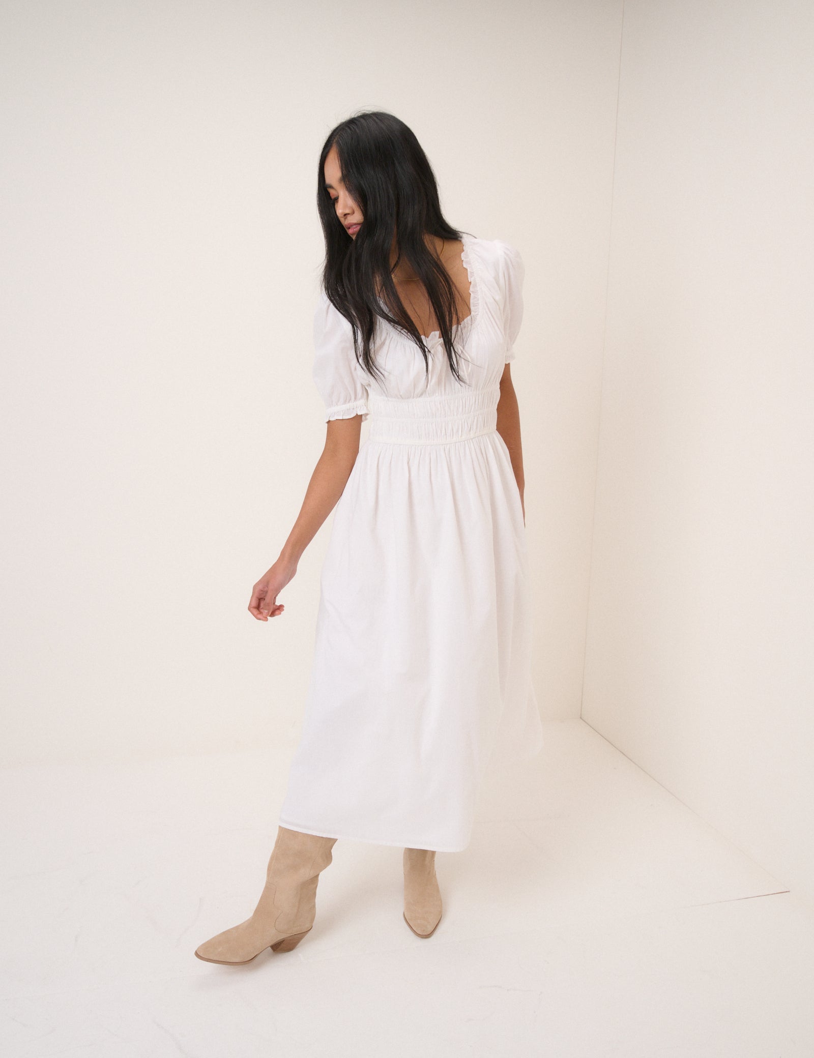 White Milkmaid Puff Sleeve Tula Midi Dress White Milkmaid Puff Sleeve Tula Midi Dress