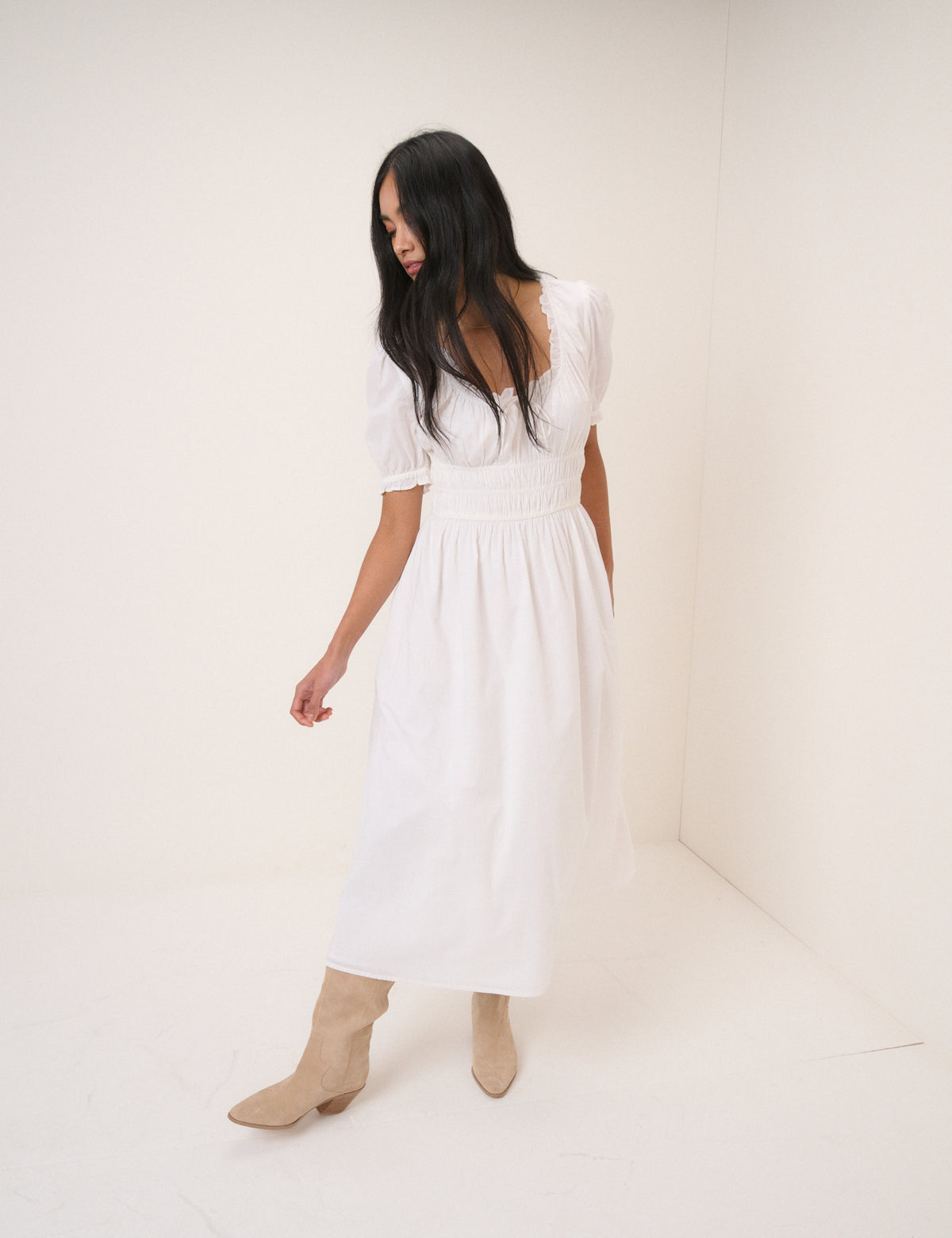 White Milkmaid Puff Sleeve Tula Midi Dress