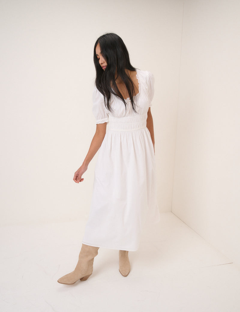 White Milkmaid Puff Sleeve Tula Midi Dress