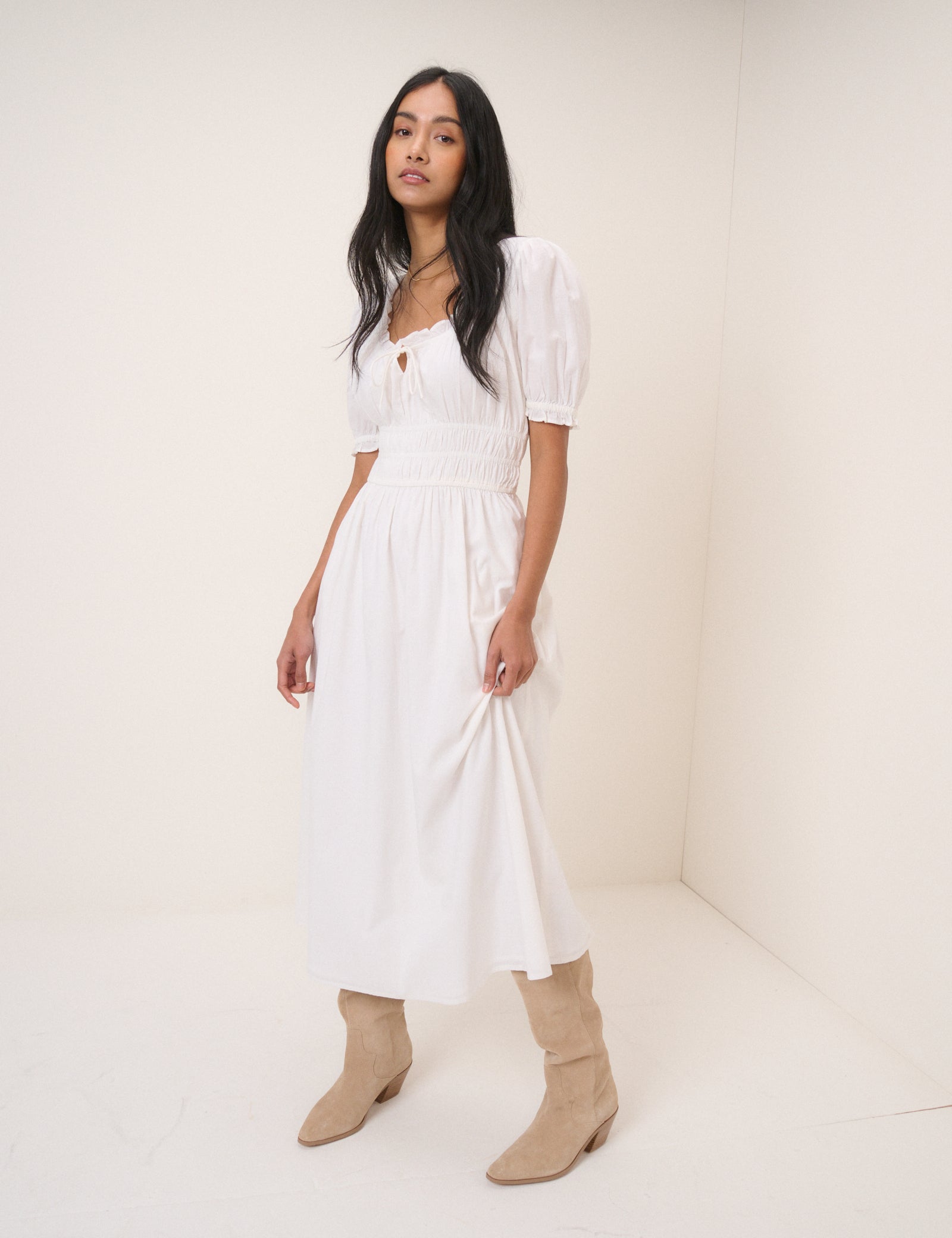 White Milkmaid Puff Sleeve Square Neck Tula Midi Dress White Milkmaid Puff Sleeve Square Neck Tula Midi Dress