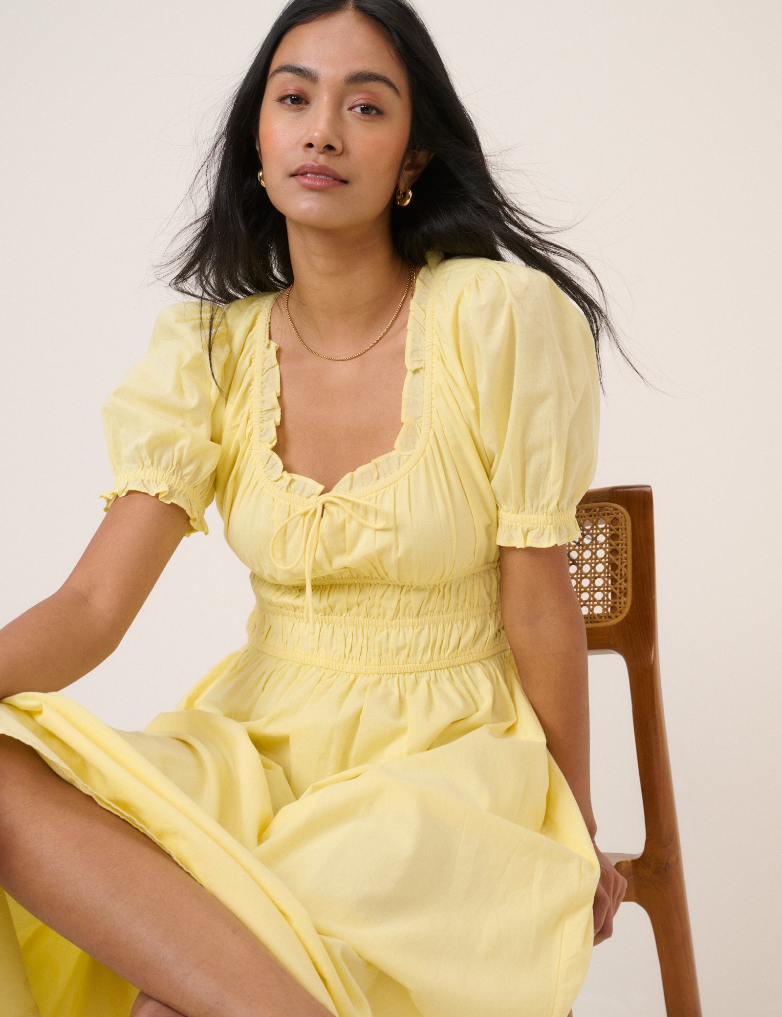 yellow midi dress with puff sleeves Petal and Pup Women's Clo Puff Sleeve Dress