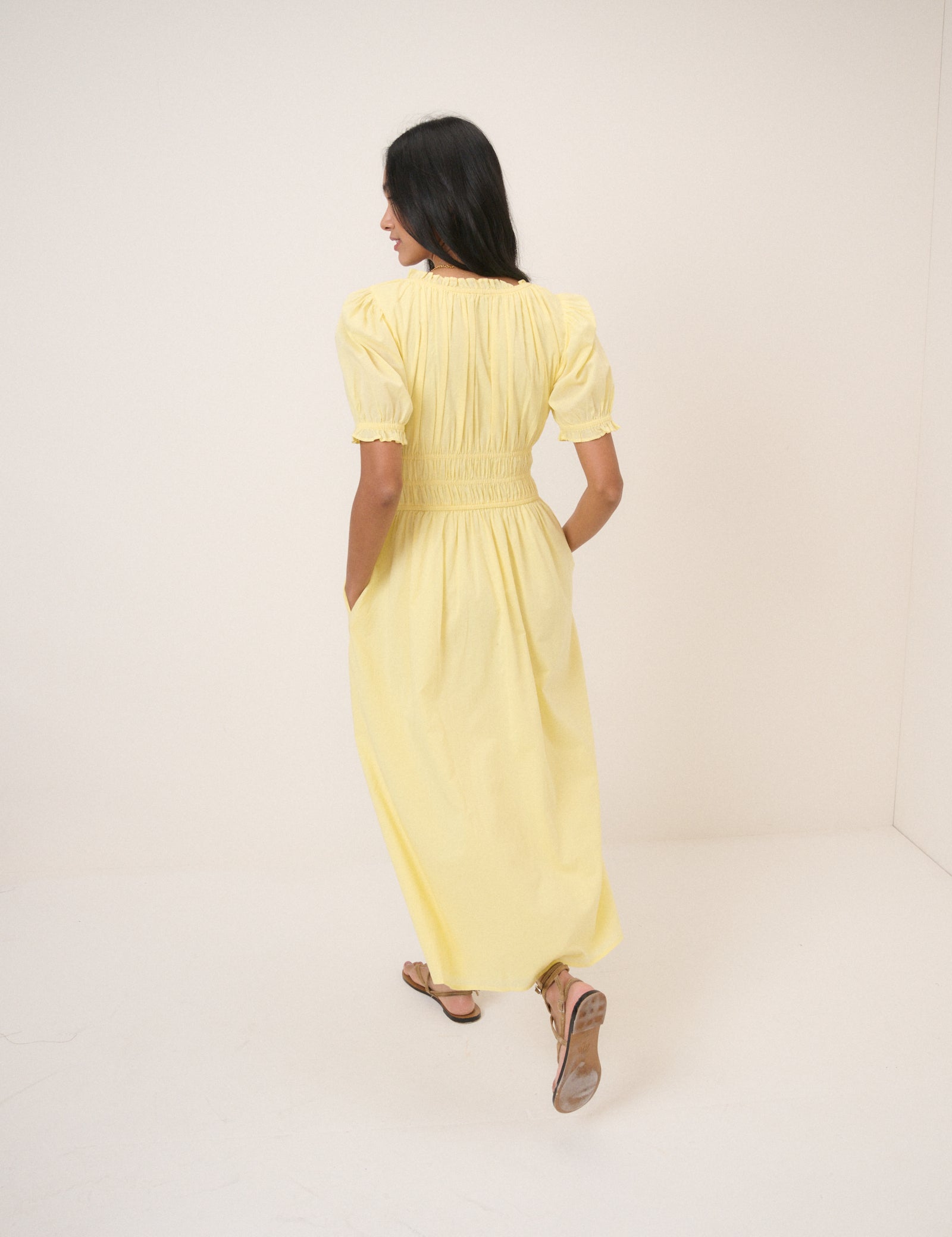 Puff Sleeve Shirred Waist Tula Midi Dress