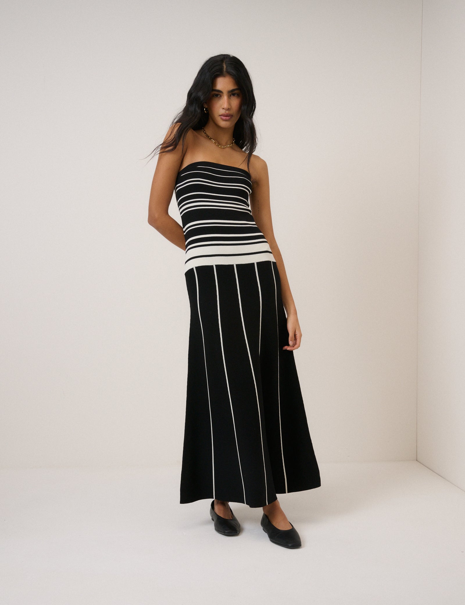 Black Striped Knitted Bandeau Midi Dress