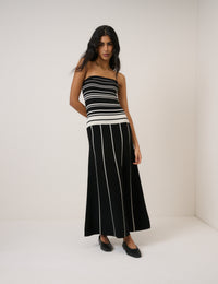 Black Striped Knitted Bandeau Midi Dress